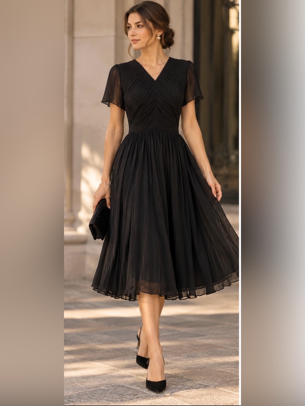 Rare Midcentury Black Cocktail  Dress with Pleated Bodice